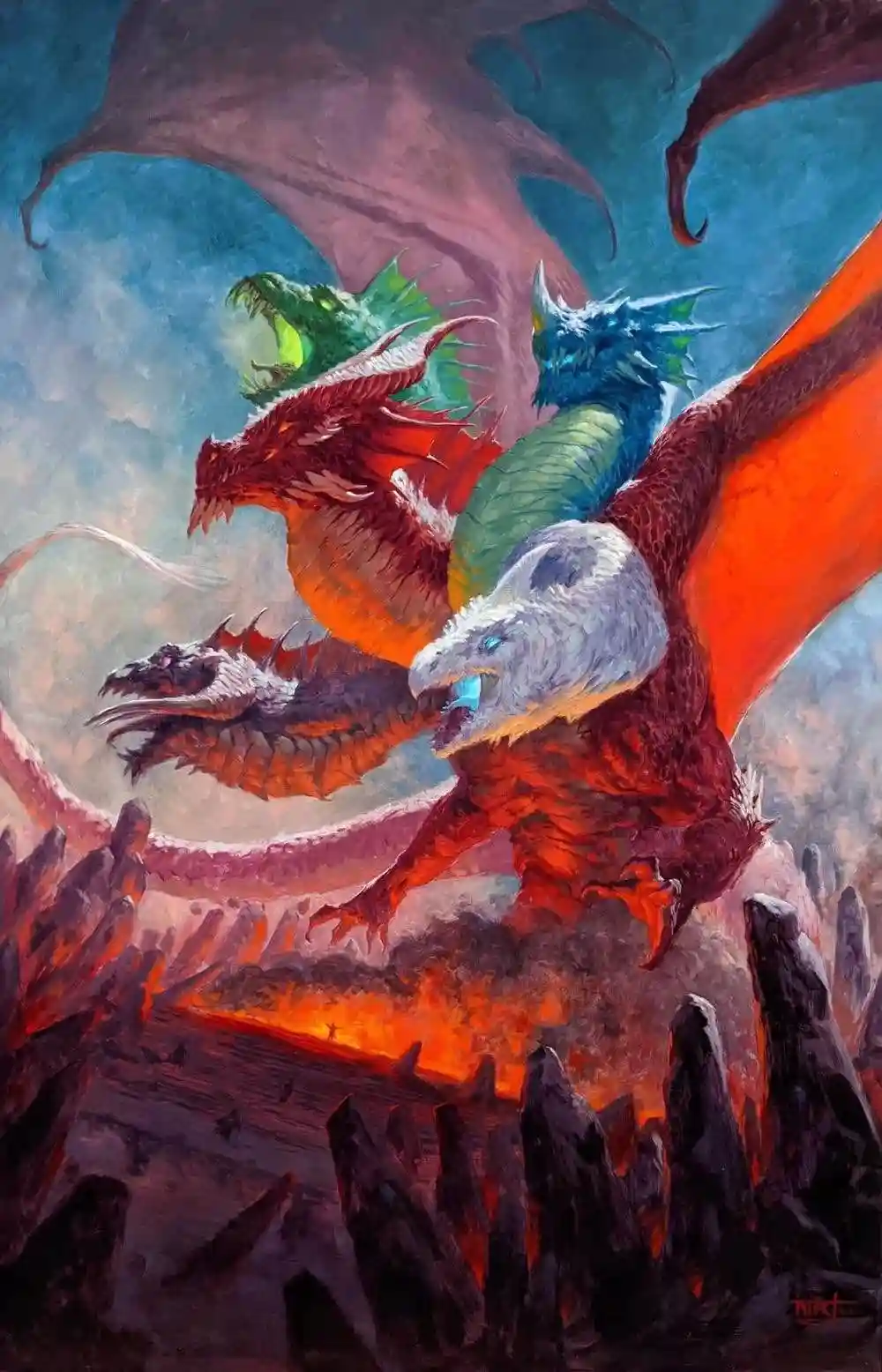 A dramatic fantasy painting depicts four dragons in mid-flight over a fiery, rocky landscape. The largest dragon, red and…