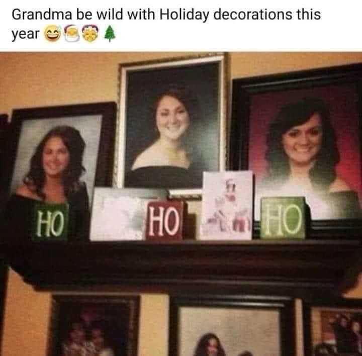 Three framed portraits of a woman are displayed on a mantel, with three decorative blocks spelling 'HO HO HO' placed in…