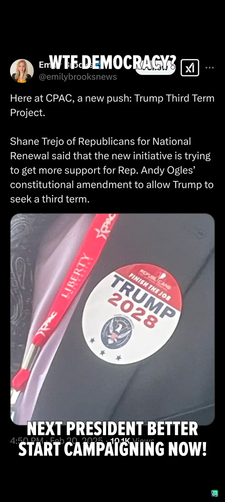 A screenshot of a social media post by Emily Brooks News, overlaid with large white text reading 'WTF DEMOCRACY?' at the top…