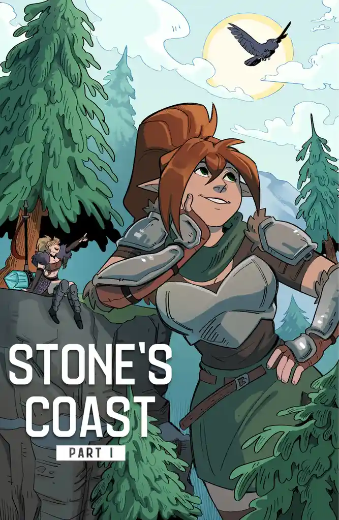 An illustrated fantasy scene shows a confident elf-like woman in armor leaning on a rock, with a smaller character pointing…