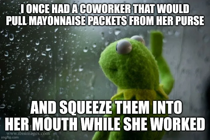 A green frog puppet, Kermit the Frog, is shown looking sad and contemplative, standing in front of a rain-streaked window…