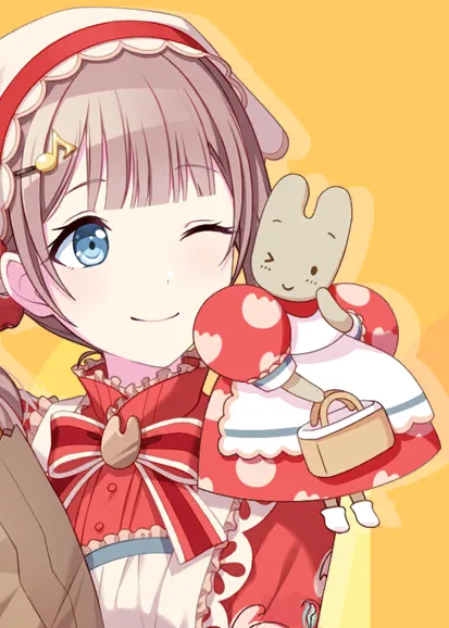 An anime-style girl with pink hair and blue eyes, wearing a red and white maid outfit with a large bow, winks while holding…