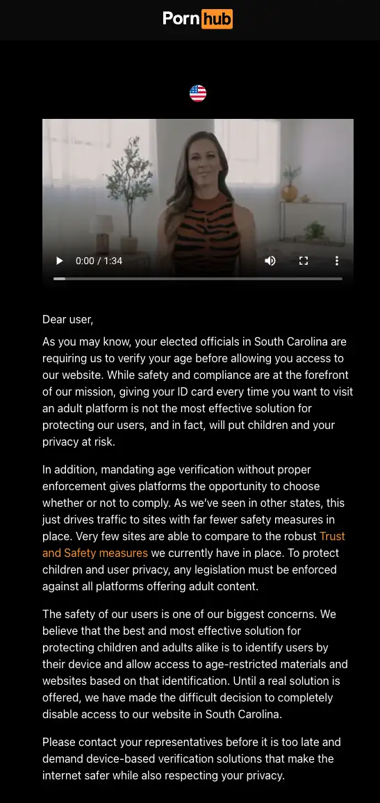 A Pornhub webpage screenshot shows a video player with a woman in a striped top, overlaid with a formal letter addressed to…
