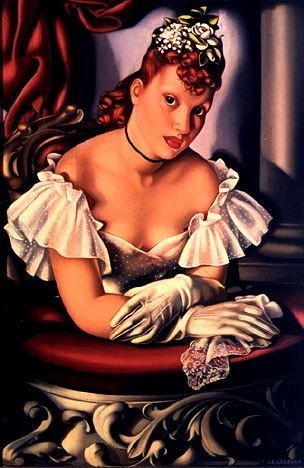 A vintage-style painting depicts a woman with red hair and a floral headpiece, wearing a white off-the-shoulder dress, white…