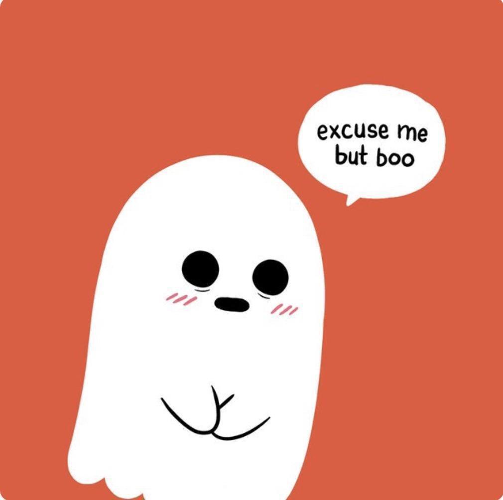 A cute, white cartoon ghost with big black eyes, rosy cheeks, and a small smile is shown against a solid orange background…