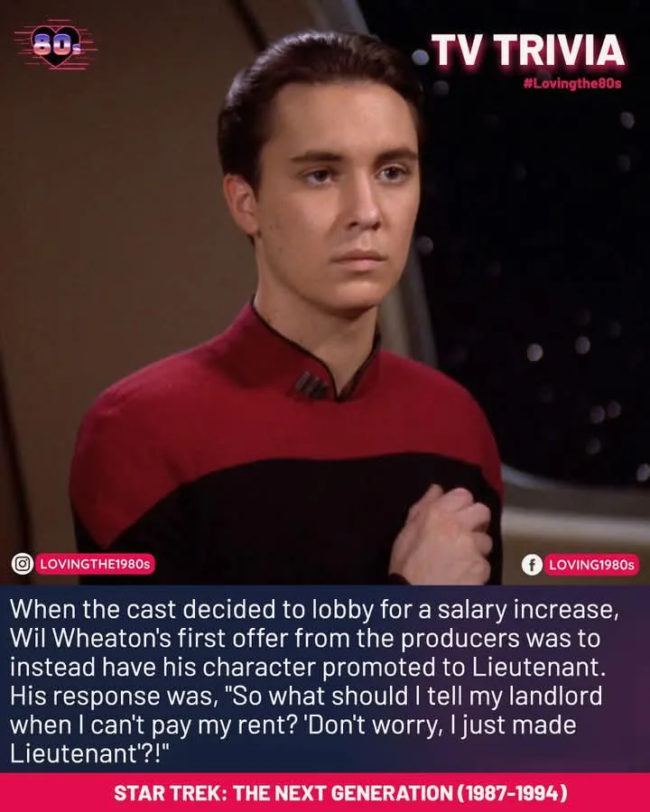 A still image of actor Wil Wheaton in his red and black Star Trek: The Next Generation uniform, looking serious. Overlaid…