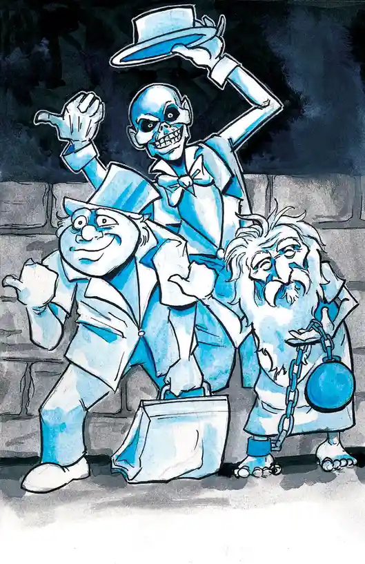 A cartoon illustration shows three blue-tinted figures: a smiling man in a suit holding a briefcase, a skeletal figure in a…