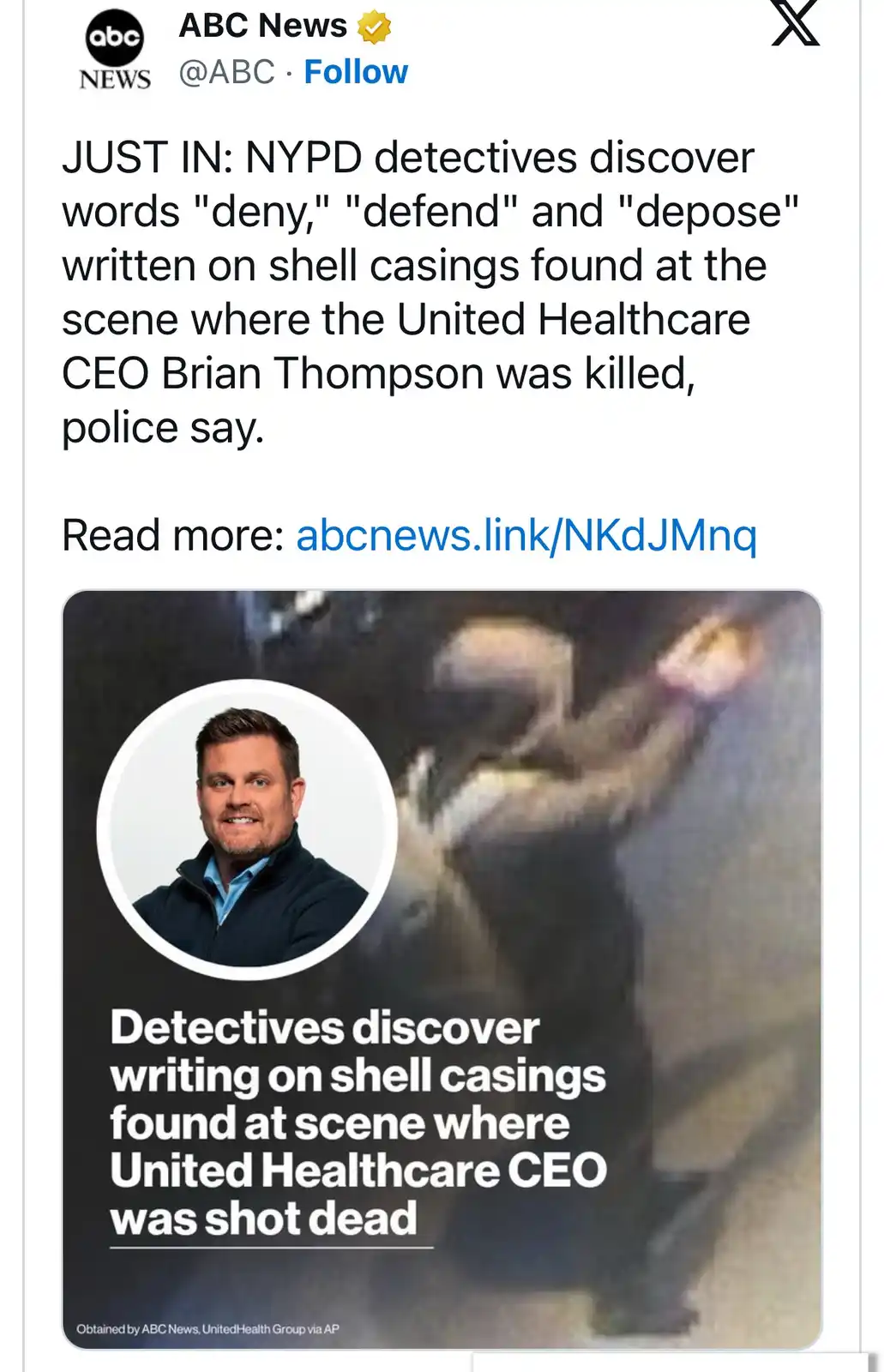 An ABC News tweet screenshot shows a blurry surveillance image of a person in motion, overlaid with a circular portrait of…