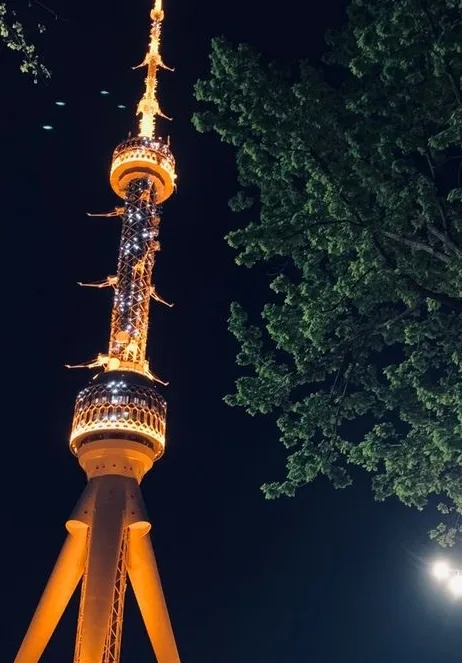 A nighttime photo of a tall, illuminated tower with a distinctive lattice structure and glowing circular platforms, framed…