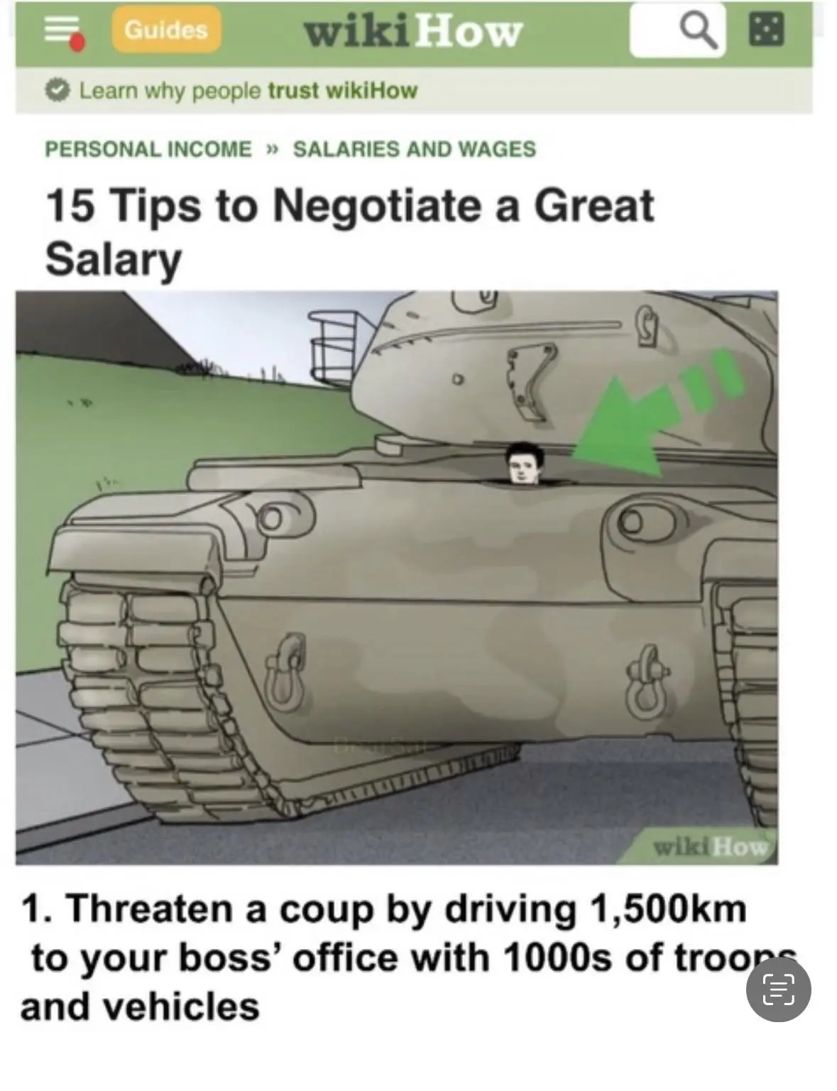 The image shows a wikiHow article titled '15 Tips to Negotiate a Great Salary' with a cartoon illustration of a tank. A…
