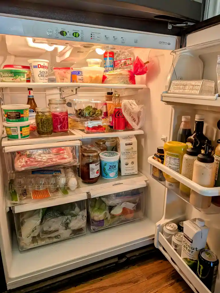 A well-lit, open refrigerator is densely packed with various food items across multiple shelves and door compartments…