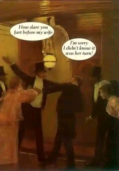 A vintage painting depicts a man in a top hat angrily pointing at another man, while a woman in a dress stands nearby. Two…
