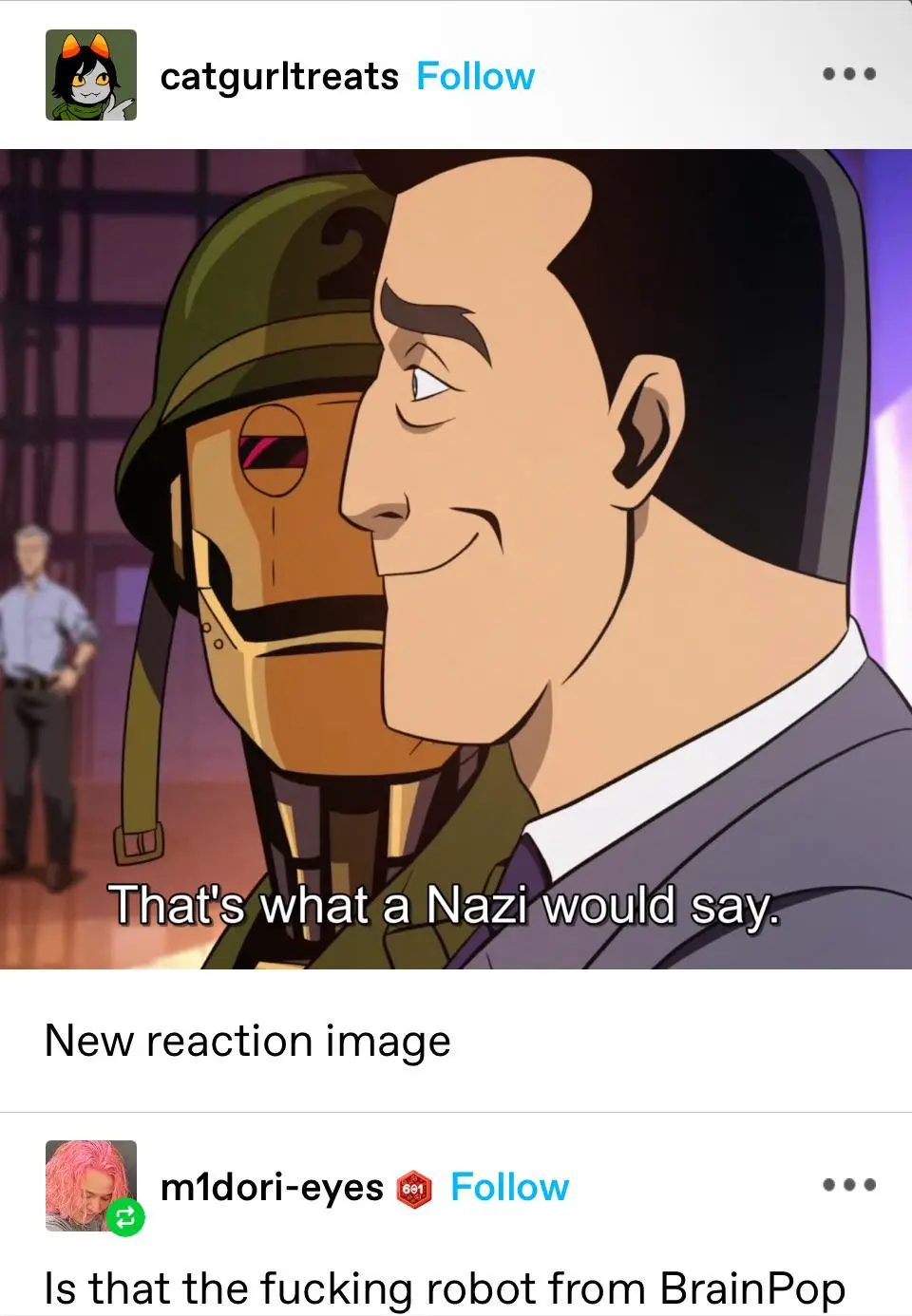 An animated image shows a man in a suit smiling while standing next to a robot wearing a military helmet with a question…