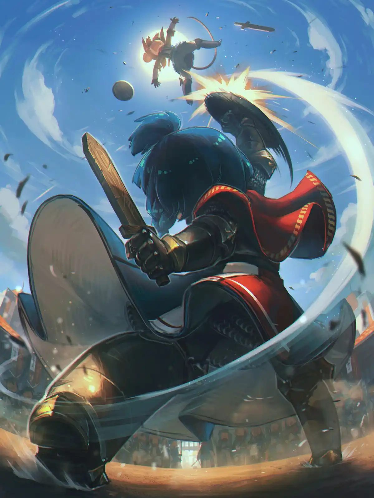 An anime-style illustration shows a warrior in dark armor and a red cape, mid-swing with a sword, as a glowing meteor-like…
