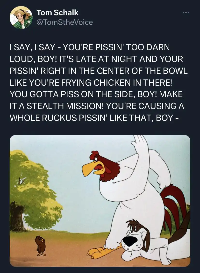 A cartoon image shows a large white rooster angrily scolding a small brown chick while a white dog with brown ears lies on…