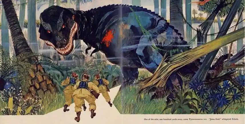 A vintage illustration depicts three soldiers in yellow jumpsuits and helmets running away from a massive, menacing…