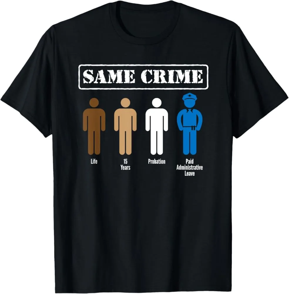 A black t-shirt displays four stylized human figures under the heading 'SAME CRIME'. From left to right, the figures are…