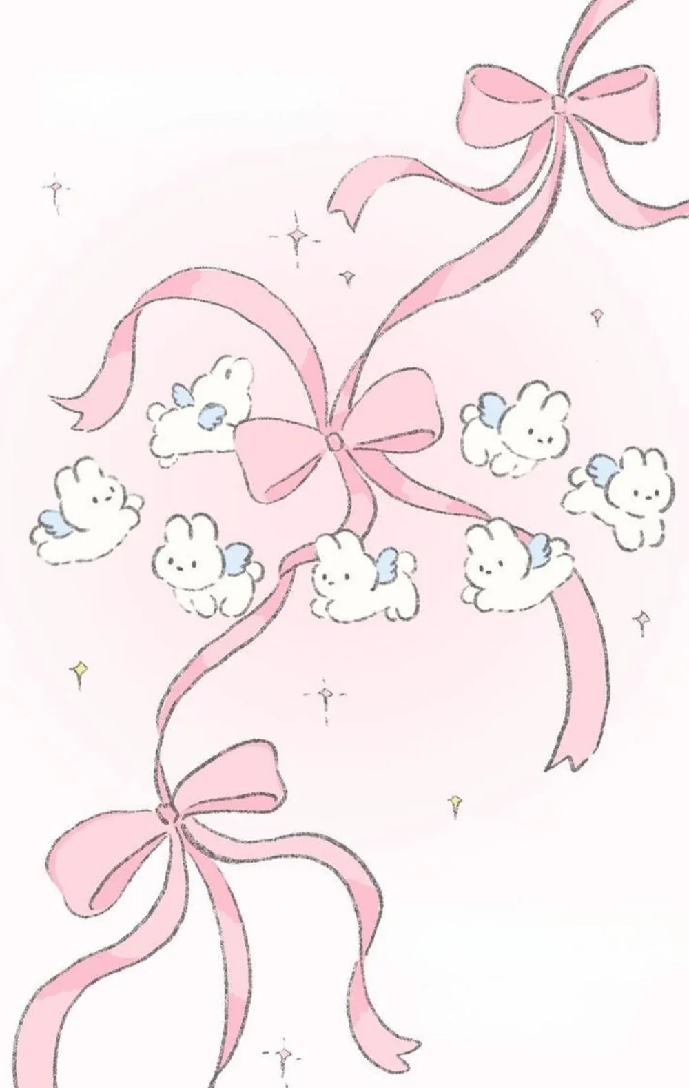 A pastel pink illustration features large, flowing ribbons tied into bows at the top and bottom, with several small, cute…