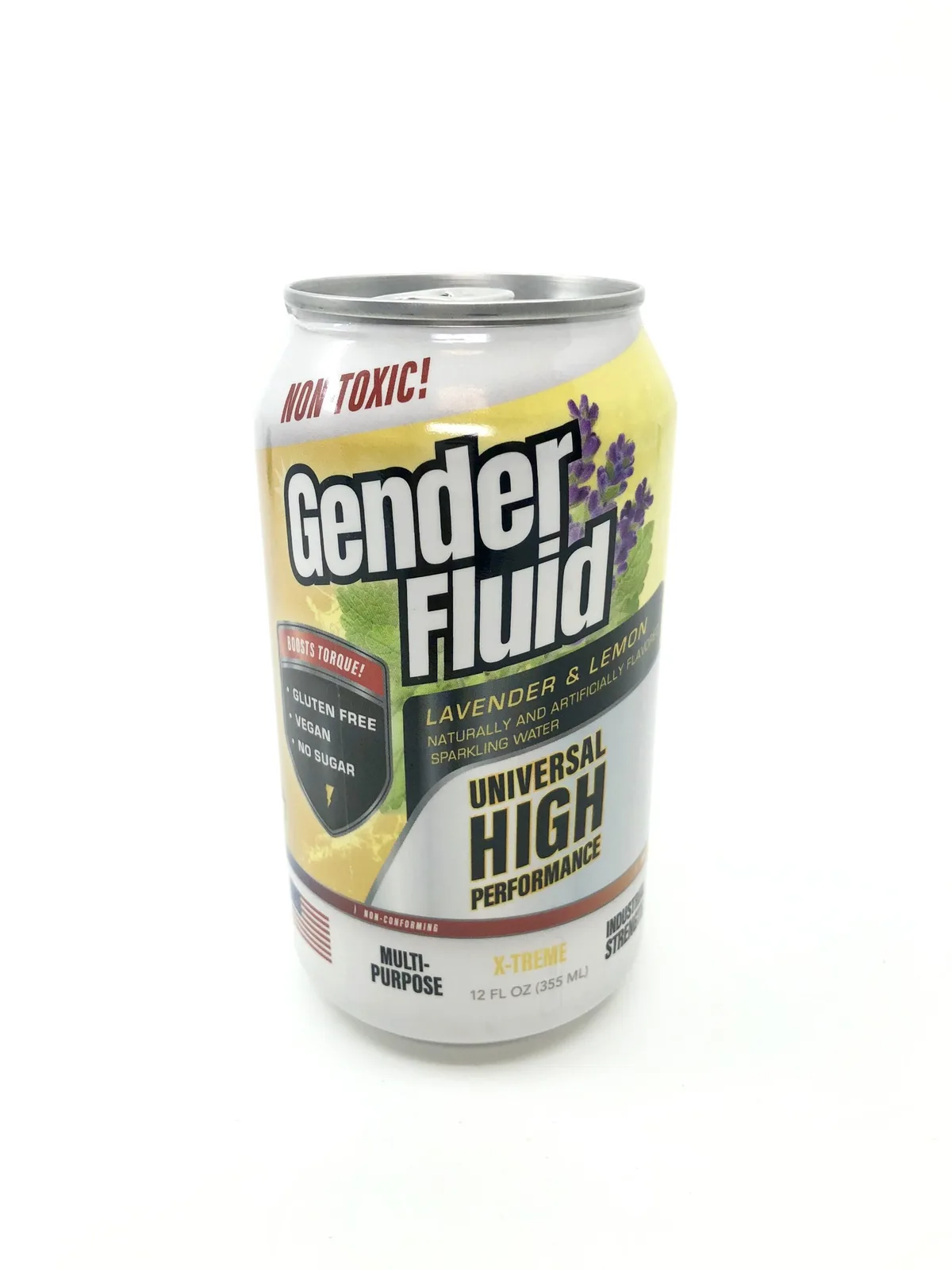 A can of sparkling water labeled 'Gender Fluid' with 'Lavender & Lemon' flavor, featuring text like 'Non Toxic!', 'Boosts…