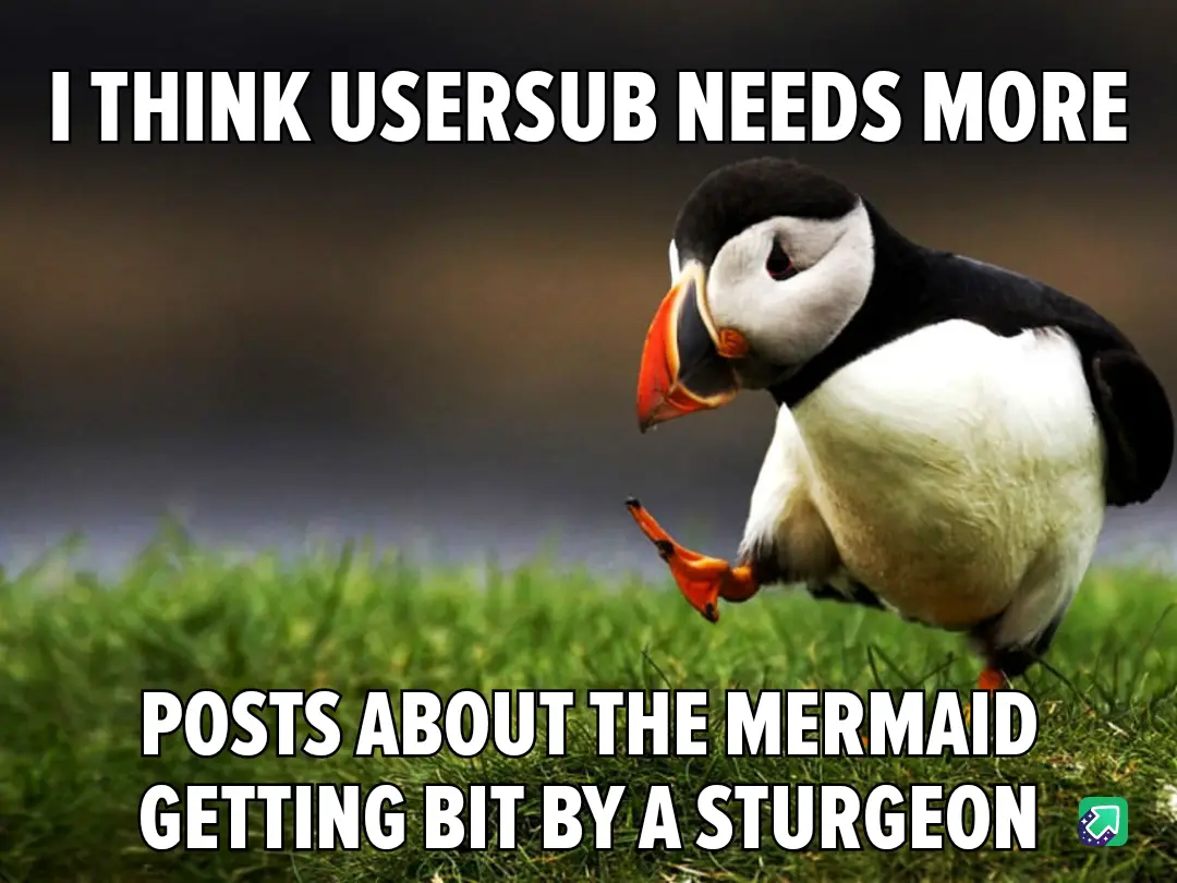 A puffin stands on green grass with a blurred background, looking down with one foot lifted. White bold text overlays the…