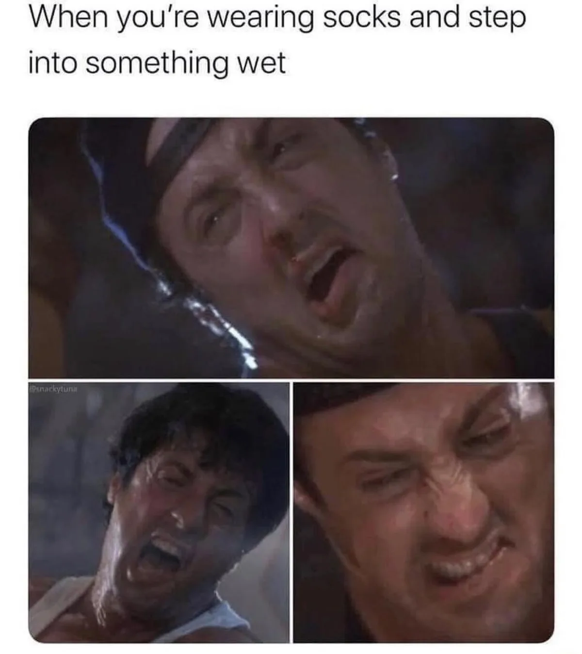 The image shows three close-up frames of Sylvester Stallone in intense, screaming expressions from the movie 'Rocky'. The…