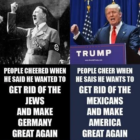 The image is split into two panels. The left panel shows a black-and-white photo of Adolf Hitler raising his fist, with text…