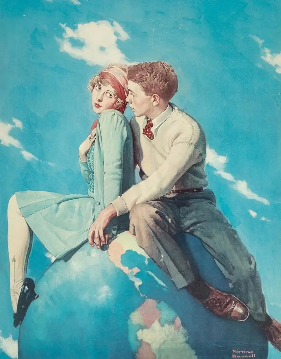 Experience the charm of 'Top of the World' (1928) by Norman Rockwell.