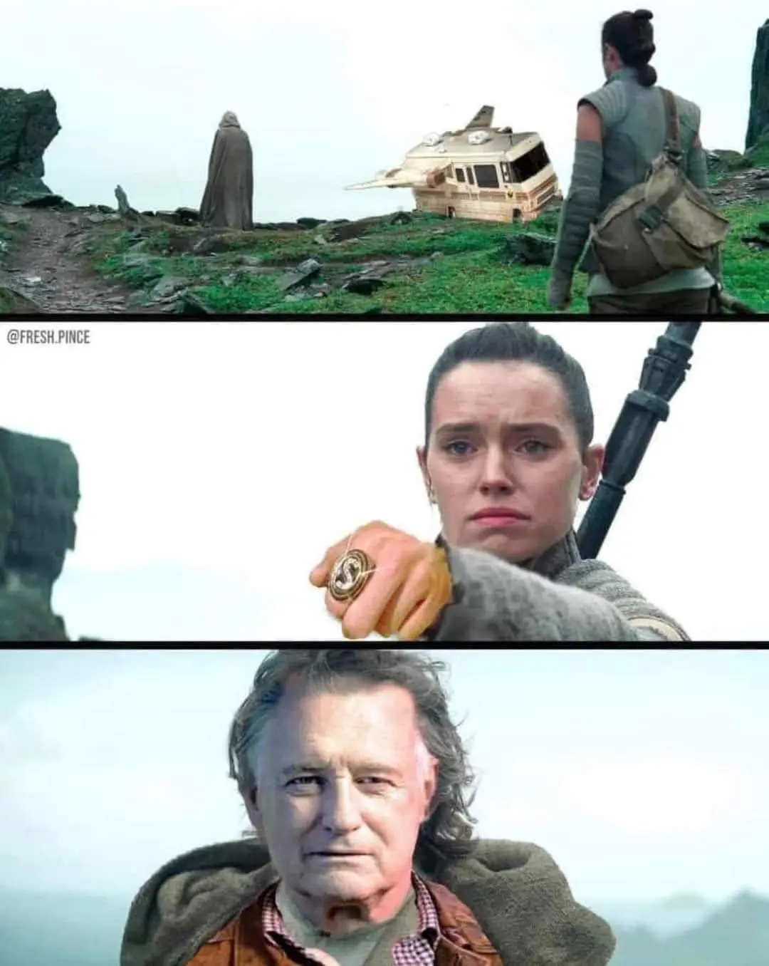 The top panel shows Rey from Star Wars standing on a rocky hillside, facing a cloaked figure with her spaceship, the…