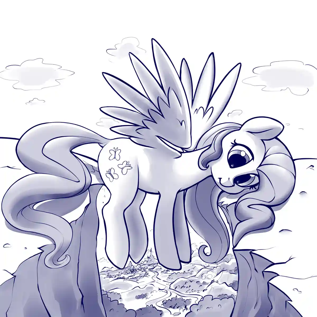 A stylized, monochrome drawing of a pony with a large, spiky mane and a long, flowing tail, standing atop a cliff…
