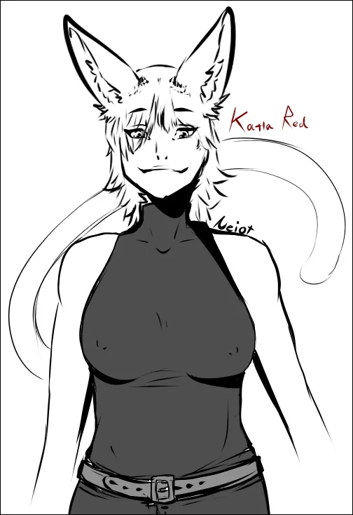 A black and white anime-style illustration of a female anthropomorphic fox with large pointed ears, long hair, and a tail…