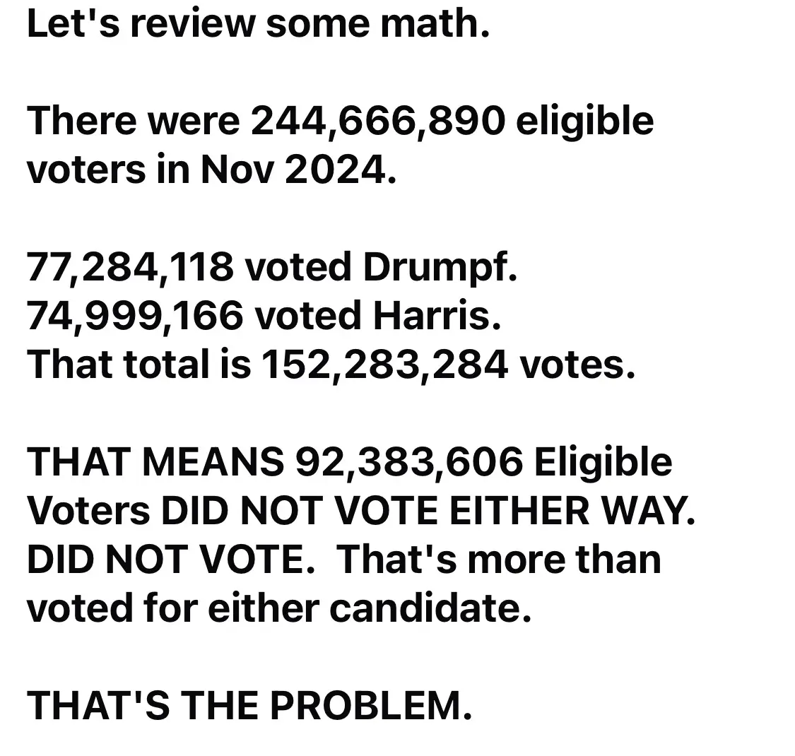 A white background image displays black text presenting a fictional election math calculation for November 2024, claiming…
