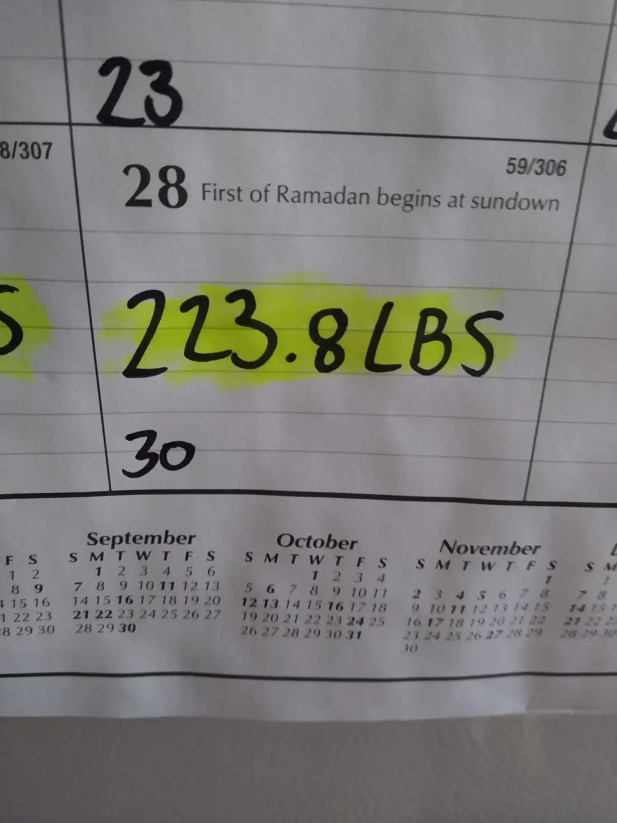 A close-up of a printed calendar showing September, October, and November, with the date '28' in September highlighted and…