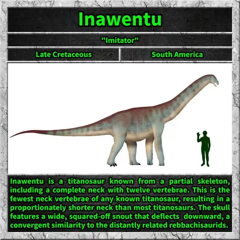 The image displays a digital reconstruction of the dinosaur Inawentu, shown in profile with a human silhouette for scale…
