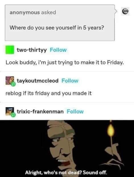A screenshot of a social media thread where an anonymous user asks 'Where do you see yourself in 5 years?' The replies show…