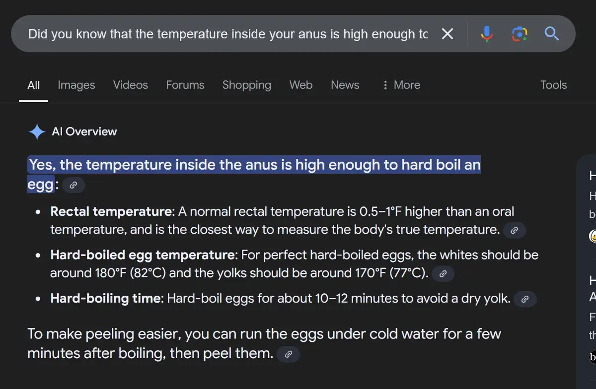 A screenshot of a Google search results page showing an AI Overview that states 'Yes, the temperature inside the anus is…