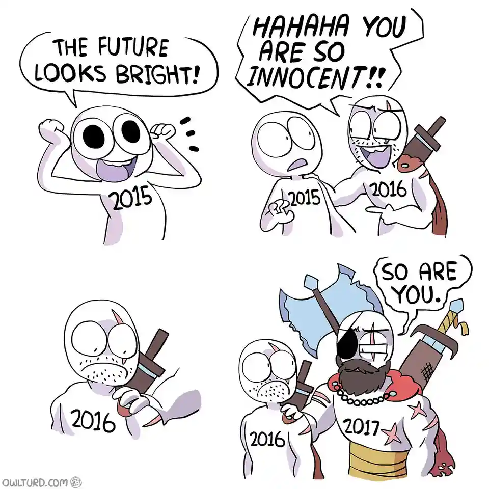 A four-panel comic shows a character labeled '2015' confidently declaring 'THE FUTURE LOOKS BRIGHT!' while flexing. In the…
