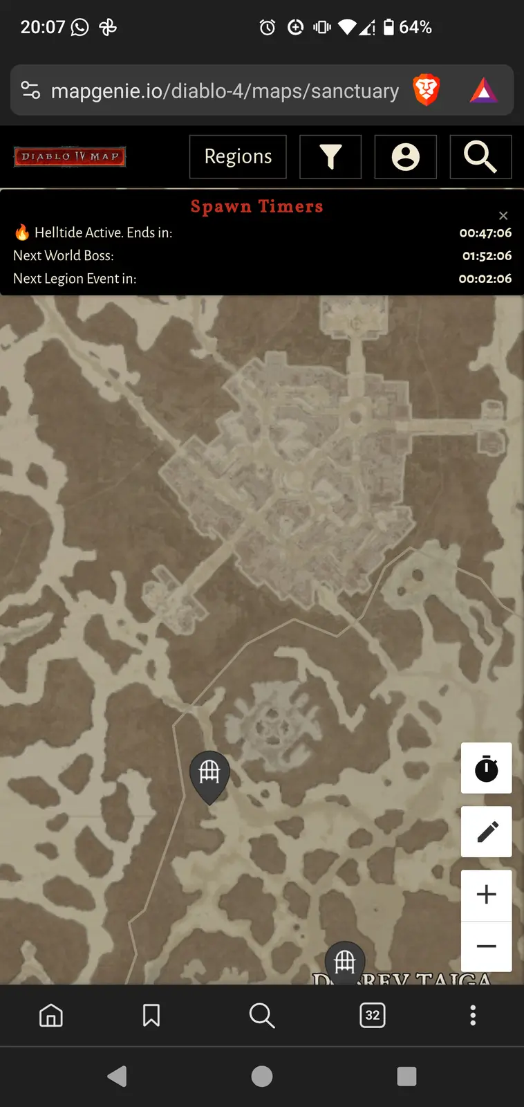 A screenshot of the Diablo IV map interface from MapGenie.io, showing a brown-toned Sanctuary map with a location pin. A…