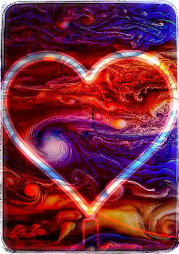 A vibrant, swirling abstract background in reds, purples, and blues features a glowing neon heart outline. The heart is…