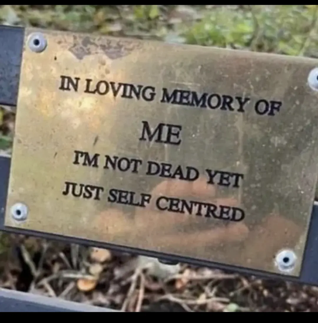 A close-up of a weathered brass plaque mounted on a park bench, featuring text that reads 'IN LOVING MEMORY OF ME I'M NOT…
