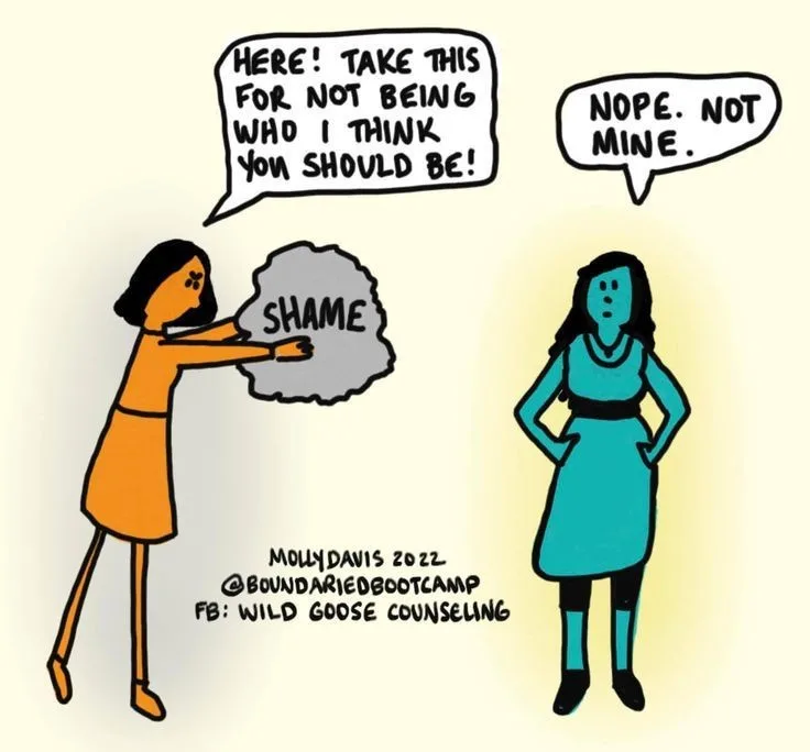 A cartoon depicts one woman in an orange dress pushing a gray, cloud-shaped object labeled 'SHAME' toward another woman in a…