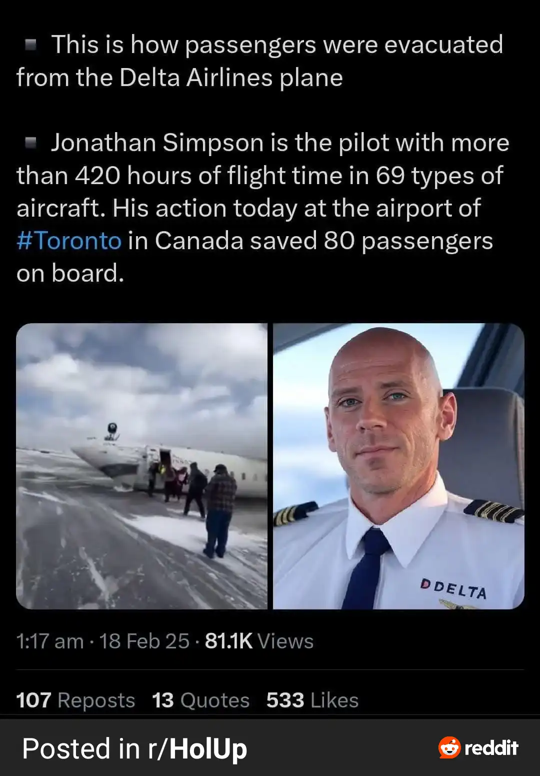 The image displays two side-by-side photos: one of a snowy airport scene with passengers disembarking from a Delta airplane…