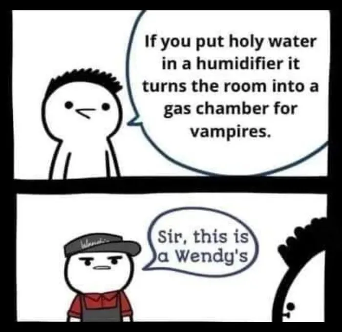 Two-panel comic featuring a simple stick figure character in the top panel speaking about turning a room into a 'gas chamber…