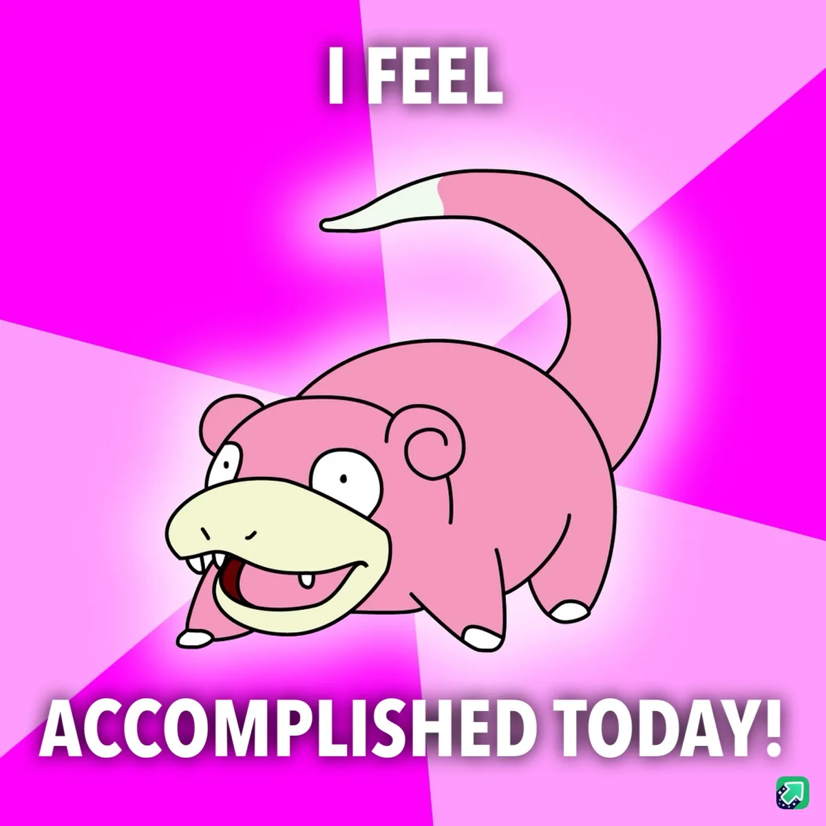 A pink cartoon Pokémon, Slowpoke, is shown with a wide, toothy grin against a vibrant pink and magenta background with…