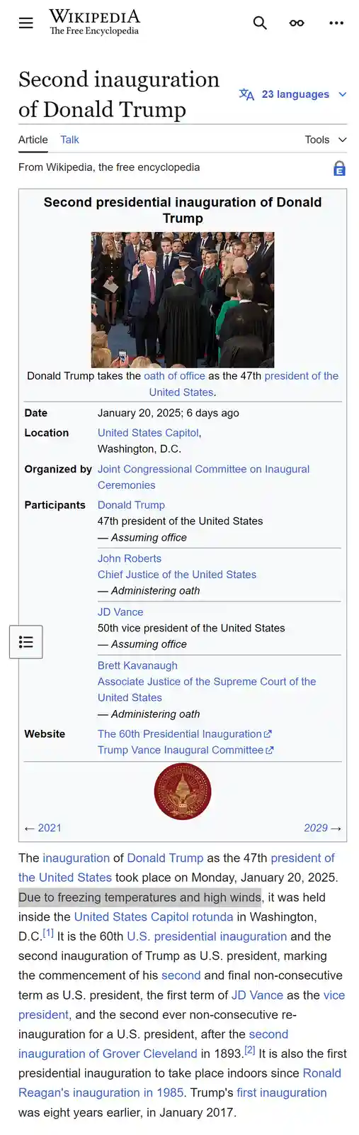 A screenshot of a Wikipedia article titled 'Second inauguration of Donald Trump' shows a photo of Trump taking the oath of…