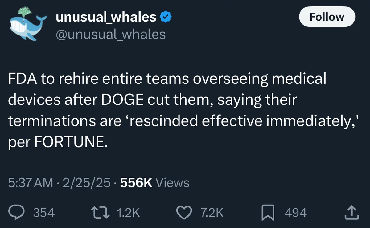 A screenshot of a tweet from the verified account @unusual_whales, which reads: 'FDA to rehire entire teams overseeing…