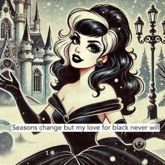 A vintage-style illustration shows a glamorous woman with dark, wavy hair and bold black lipstick, wearing a black dress and…