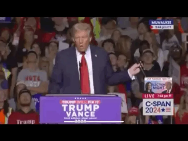 A split-screen image shows Donald Trump speaking at a rally, with a purple podium that reads 'TRUMP VANCE 2024' and 'TRUMP…