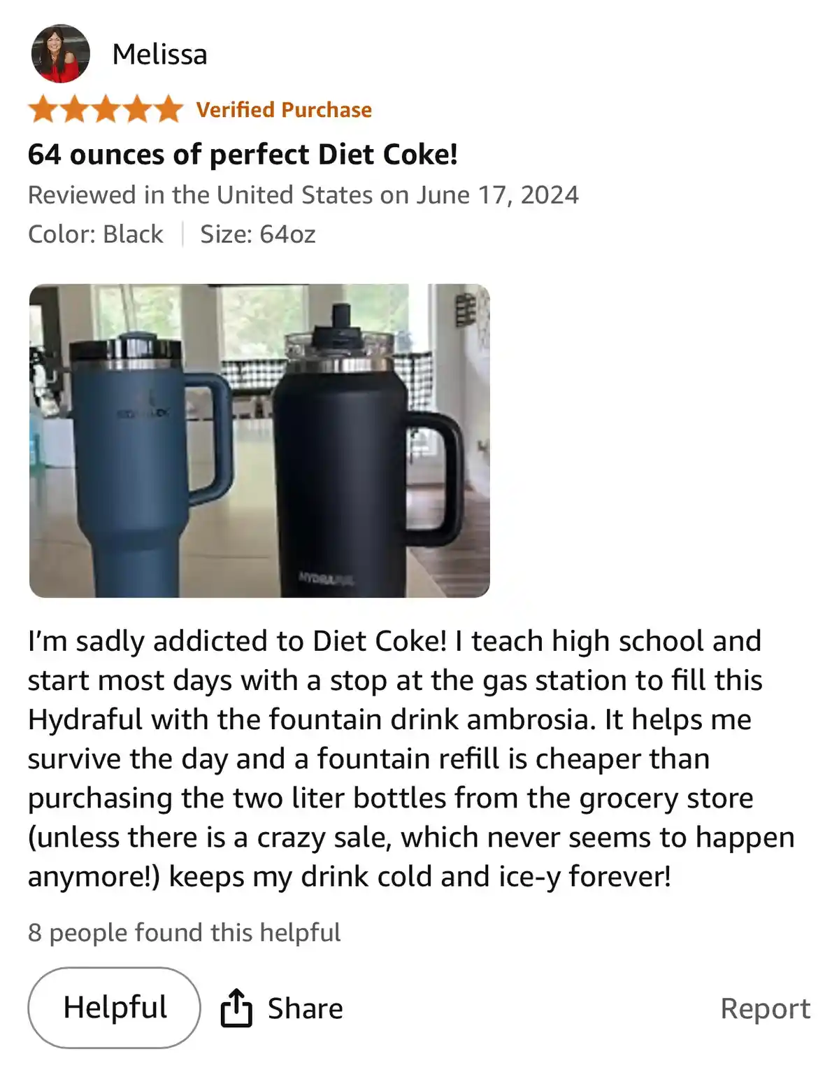 A screenshot of a 5-star Amazon product review by Melissa for a 64oz Hydraful water bottle, which she uses to fill with Diet…