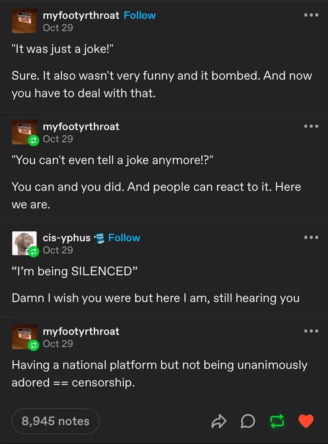 A screenshot of a Tumblr thread showing a user named 'myfootyrthroat' responding to criticism about a joke they told. The…