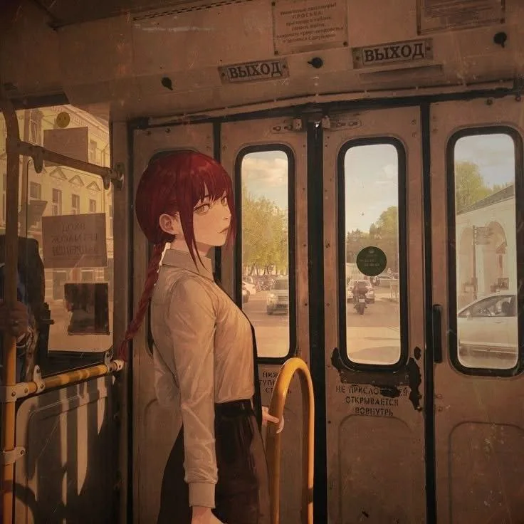 An anime-style woman with red hair in a braid stands inside a weathered, vintage-looking tram or bus, holding a yellow…